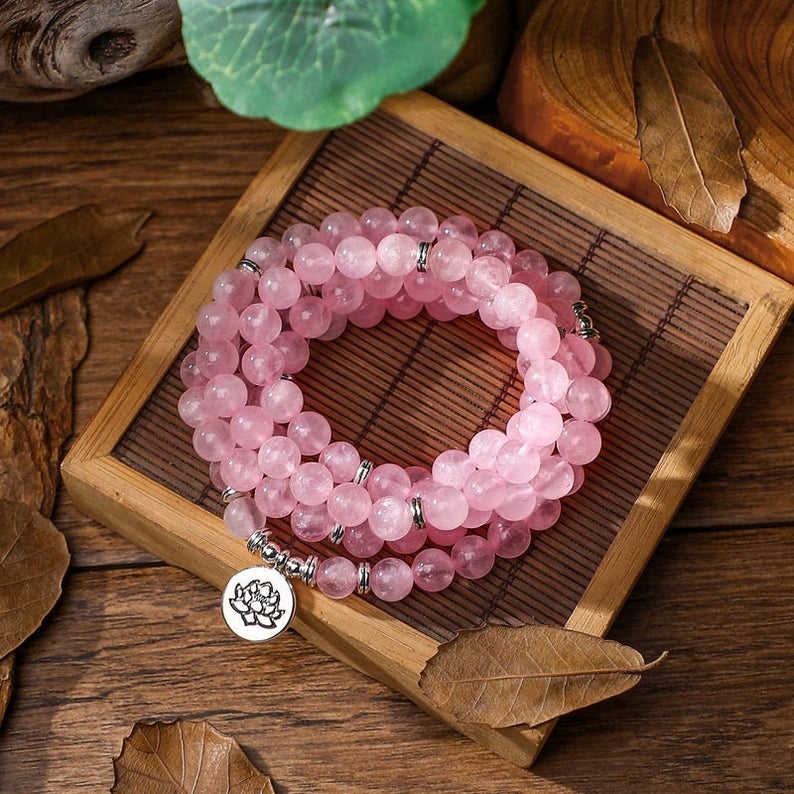 108 Mala Bead Rose Quartz Stone Healing Necklace Bracelet