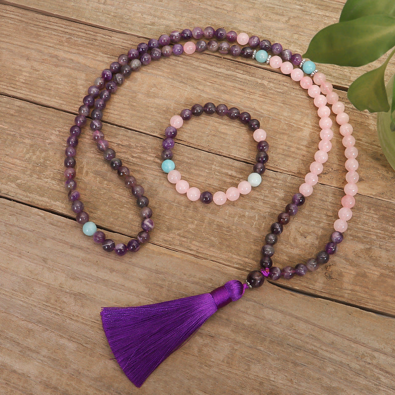 8mm Amethyst And Rose Quartz Beads Necklace（BOGO)