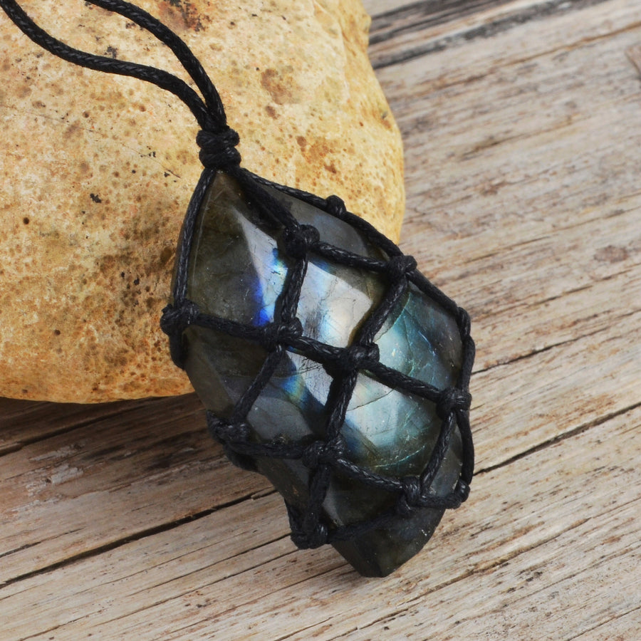 Natural Labradorite Stone Braided Wrapped Necklace