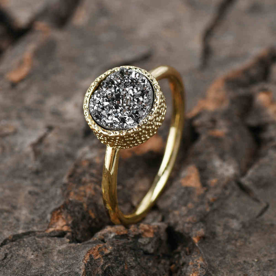 ROUND SILVER  DRUZY RING IN GOLD