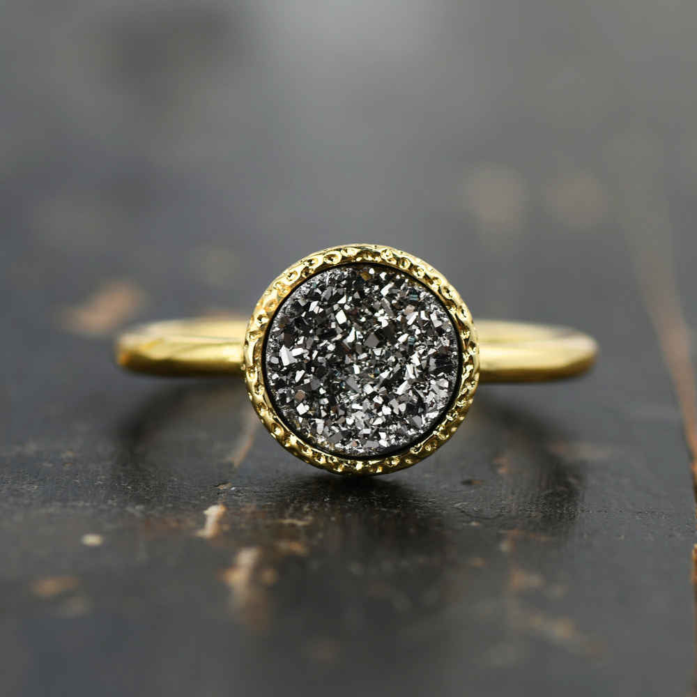 ROUND SILVER  DRUZY RING IN GOLD