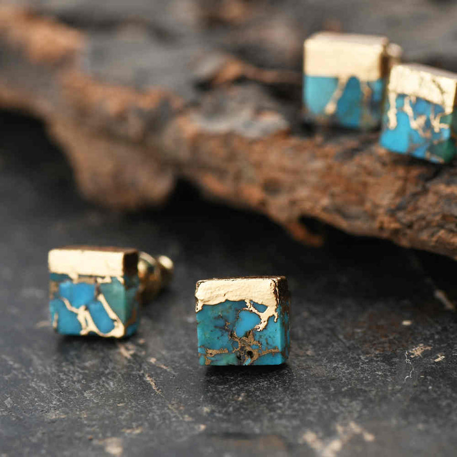 GOLD PLATED SQUARE COPPER TURQUOISE STUDS