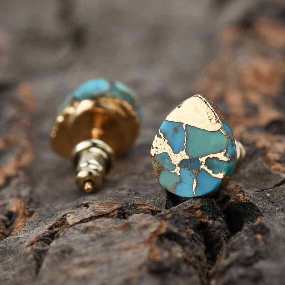 DROP COPPER TURQUOISE STUD GOLD EARRING