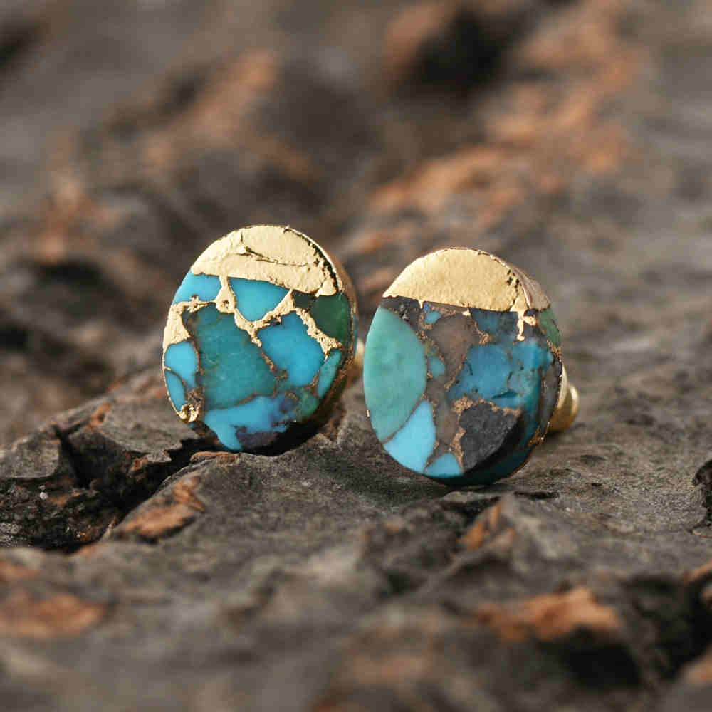 BLUE TURQUOISE  STUD EARRING IN GOLD