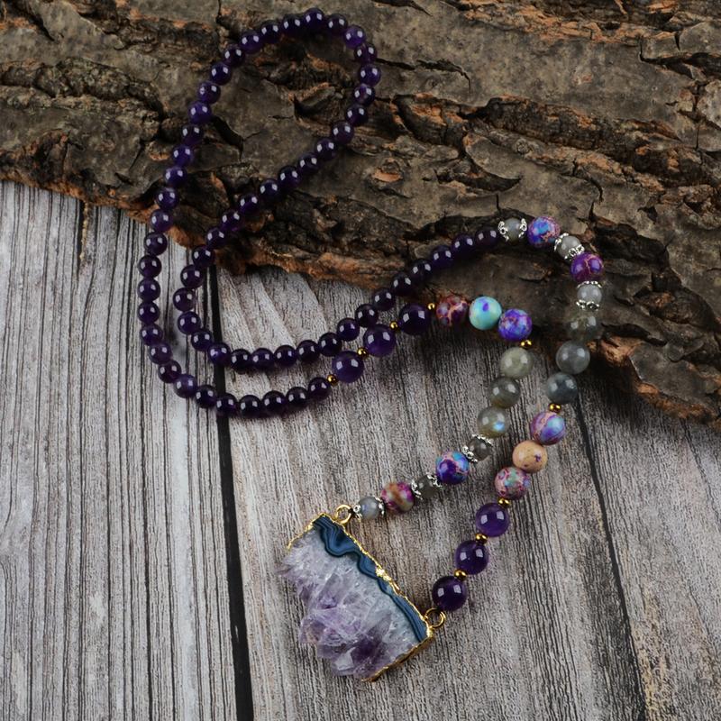 NATURAL AMETHYST MALA BEADS NECKLACE&EARRINGS