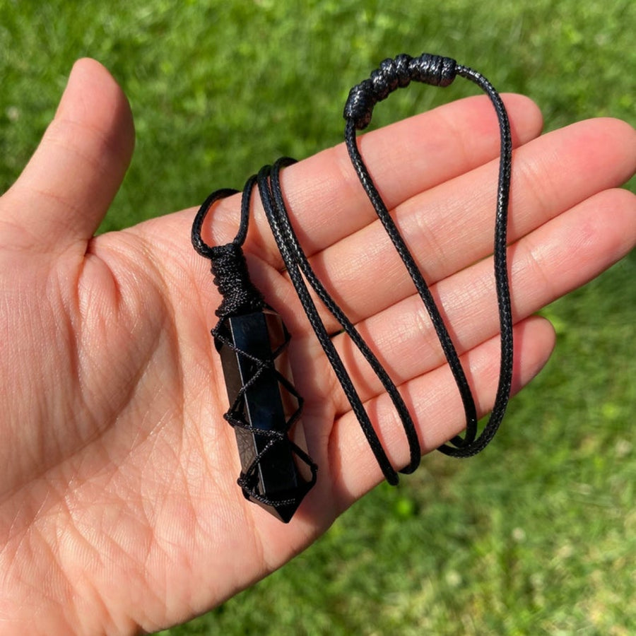 Obsidian Stone Hexagon Point Wrapped Braided Necklace