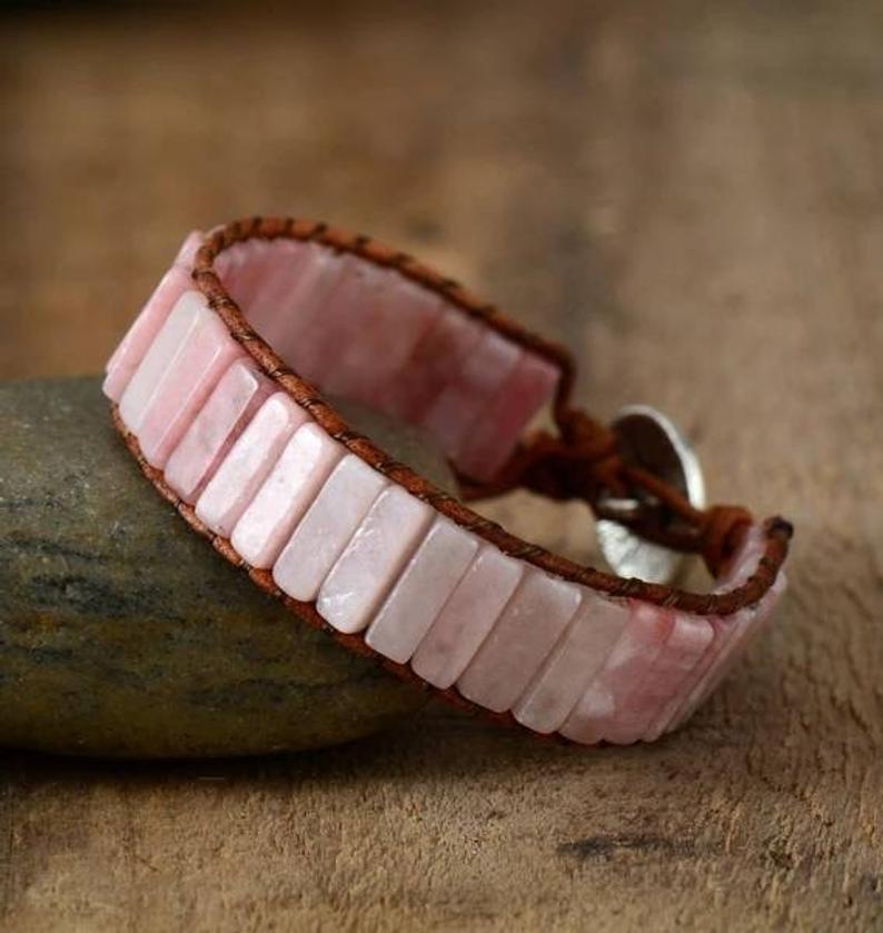 Handmade Natural Pink Opal Stone Leather Wrap Bracelet