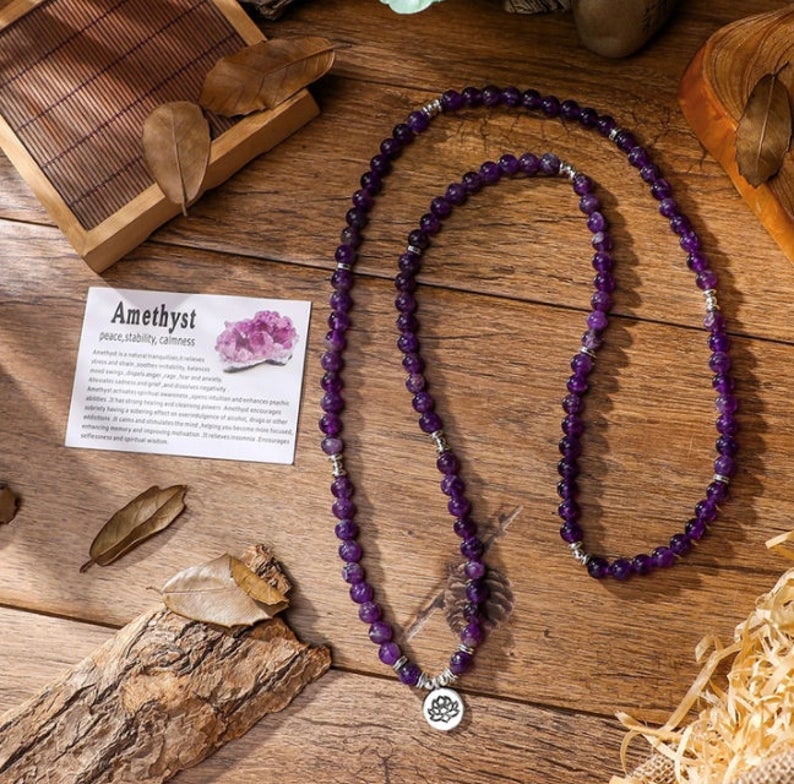 Natural 108 Mala Beads Amethyst Stone Healing Bracelet Necklace