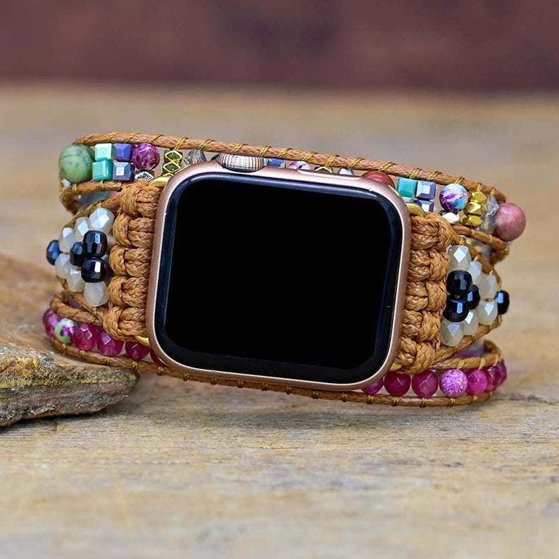 Boho multi wrap bracelet for Apple Watch Pink Agate