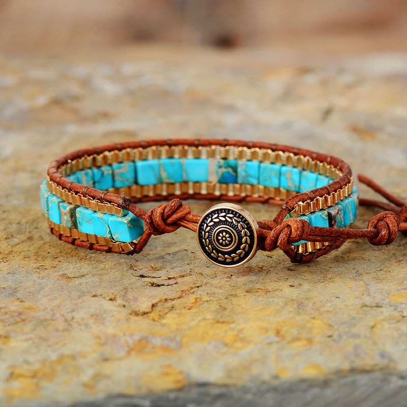 TURQUOISE WOVEN GOLD LEATHER BRACELET