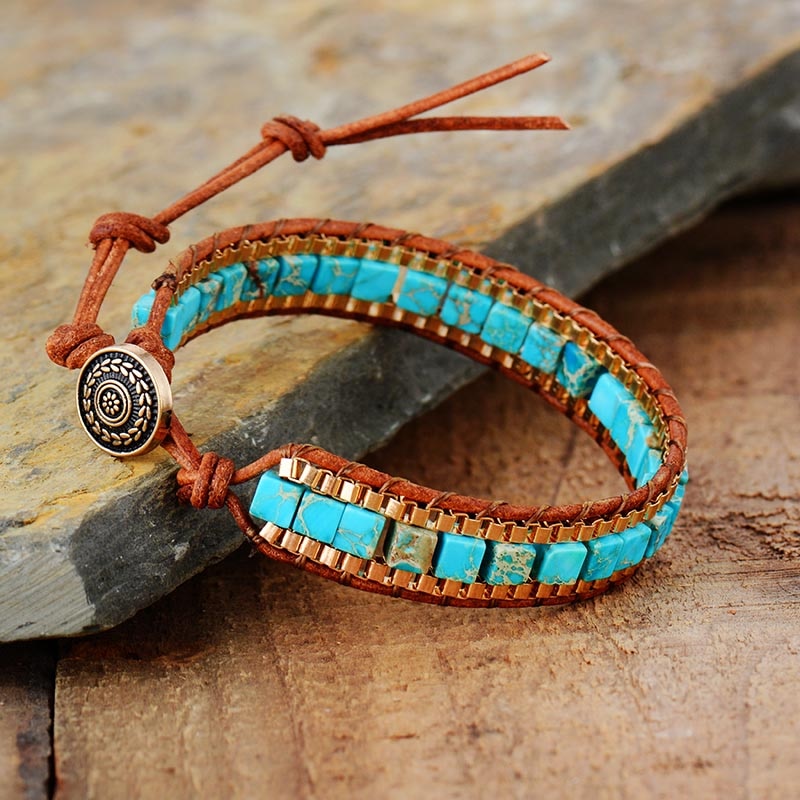 TURQUOISE WOVEN GOLD LEATHER BRACELET