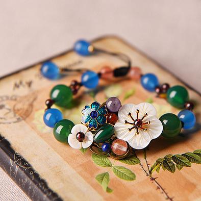 Rosemarie Flower, Cloisonne and Natural Stone Bead Bracelet